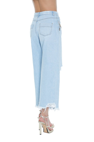 Jeans PUNANI vita alta gamba larga 5 tasche con catena più rotture denim
