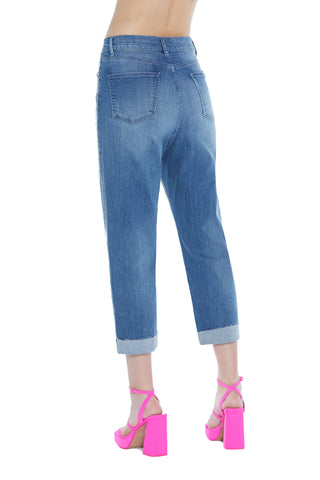 Jeans KITA vita alta 5 tasche più risvolto più paillettes denim