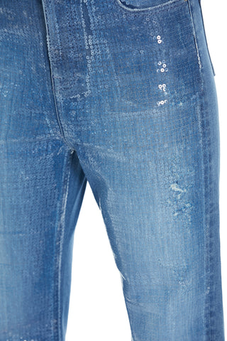 Jeans KITA vita alta 5 tasche più risvolto più paillettes denim