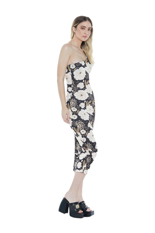 Abito NANAKO midi monospalla con arricci fant. Rose