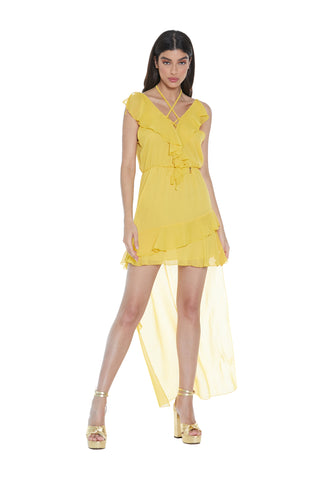 Short HOSHIKO dress with shoulder straps plus ruffles and asymmetrical drawstring
