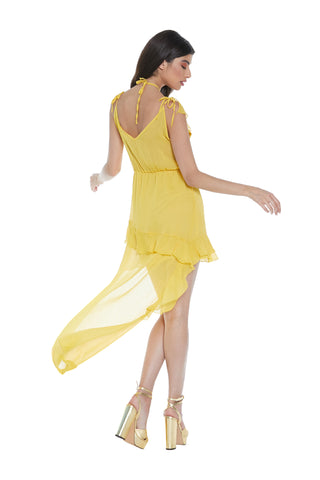 Short HOSHIKO dress with shoulder straps plus ruffles and asymmetrical drawstring