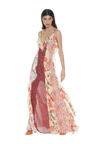 Long PEACOCK dress with shoulder straps and ruffles with multicolor flower print