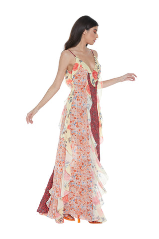 Long PEACOCK dress with shoulder straps and ruffles with multicolor flower print