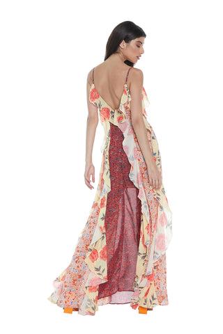 Long PEACOCK dress with shoulder straps and ruffles with multicolor flower print