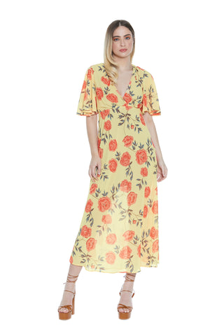 VERITATE long half-sleeved dress with wide crossover neckline. Rose