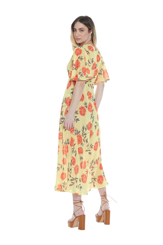 VERITATE long half-sleeved dress with wide crossover neckline. Rose