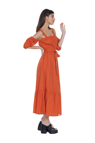 YATSUKO long 3/4 sleeve dress with boat neckline and shirt dress with ruffles. More belt