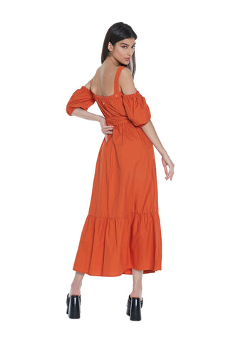 YATSUKO long 3/4 sleeve dress with boat neckline and shirt dress with ruffles. More belt