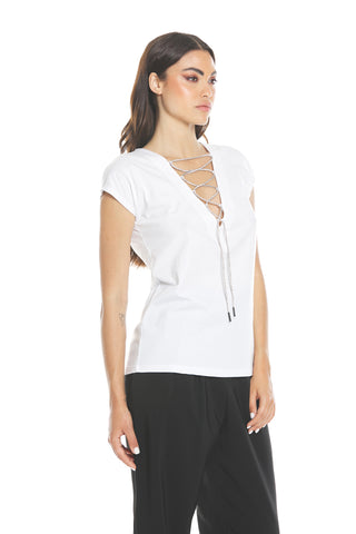 CETUSIN half-sleeved V-neck t-shirt with rhinestone lace