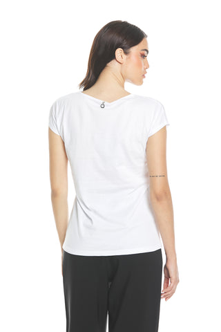 CETUSIN half-sleeved V-neck t-shirt with rhinestone lace