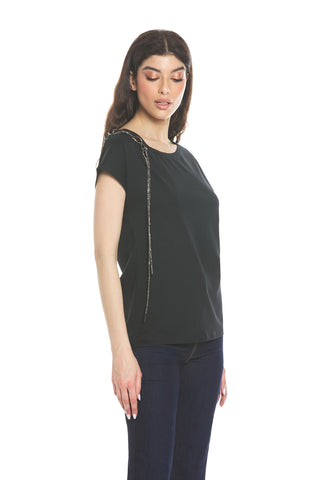 HYDRUS half-sleeve boat neckline T-shirt with rhinestone lace