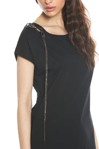 HYDRUS half-sleeve boat neckline T-shirt with rhinestone lace