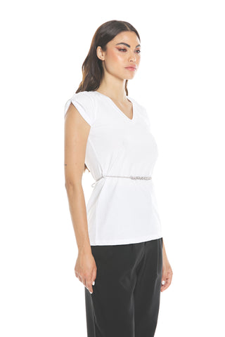 FINGERLIME half-sleeved T-shirt with V-neck loop and rhinestone belt