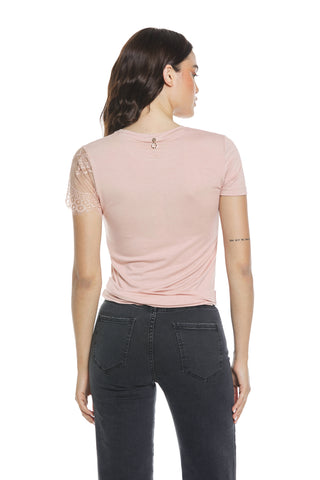 ERCOLES half-sleeved t-shirt with lace print and side pleats