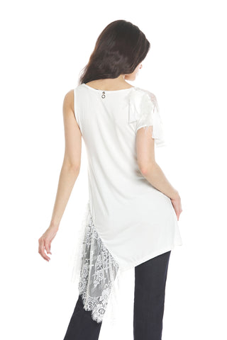 HYDRA long half-sleeved one-shoulder T-shirt with lace plus georgette plus feather inserts