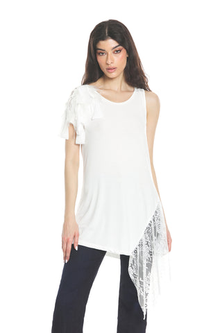 HYDRA long half-sleeved one-shoulder T-shirt with lace plus georgette plus feather inserts