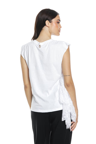 T-shirt AMMOR mezza manica aletta con arricci più stampa più inserto pizzo