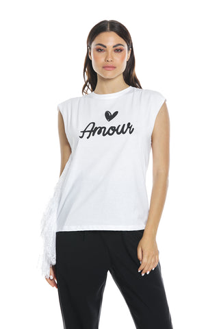 T-shirt AMMOR mezza manica aletta con arricci più stampa più inserto pizzo