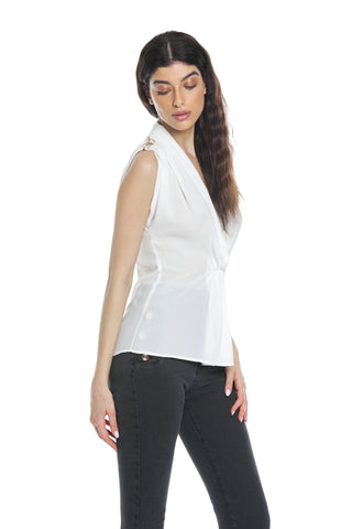 RUWAYD half-sleeve blouse with crossover neckline and pleats plus shoulder applications