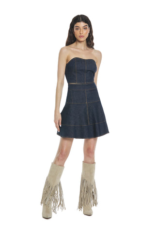 JUDITH sleeveless sweetheart neckline top with denim zip