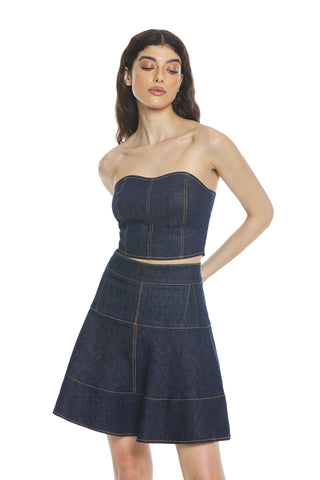 JUDITH sleeveless sweetheart neckline top with denim zip