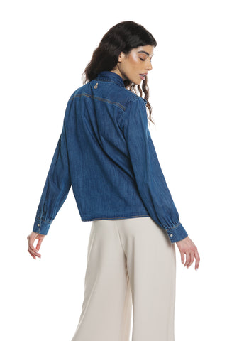 TORVI long sleeve shirt with denim bow collar