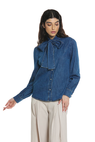 TORVI long sleeve shirt with denim bow collar