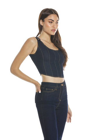 BJORN bustier top with toggle cuts and denim zip