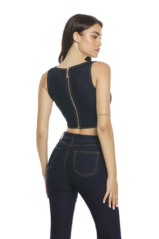 BJORN bustier top with toggle cuts and denim zip