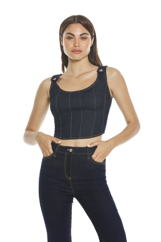 BJORN bustier top with toggle cuts and denim zip
