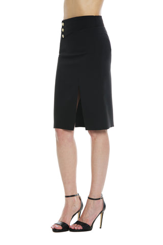 THOR high-waisted midi skirt with asymmetric peplum. more pleats, more buttons, more slit