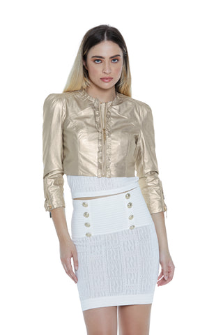 MUISCER short jacket, 3/4 m, chanel collar, shoulder placket, zip, eco-friendly ruffles.