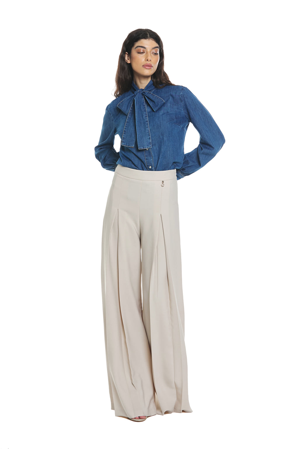 Cegerne Pantaloni da Donna Pantaloni Palazzo Elasticizzati a Gamba Larga a Vita Alta, Blu, S