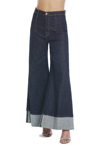 SIGGY high waist trousers with stitching details on blue denim palazzo leg