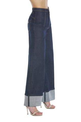 SIGGY high waist trousers with stitching details on blue denim palazzo leg