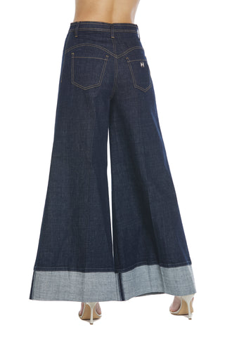 SIGGY high waist trousers with stitching details on blue denim palazzo leg