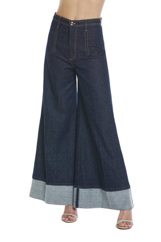 SIGGY high waist trousers with stitching details on blue denim palazzo leg