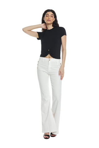 MAYU_High-waisted flared trousers with pockets plus flaps and buttons