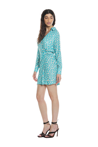 DIAMANTINI short dress with long sleeves, crossover neckline and floral patterned wrap skirt
