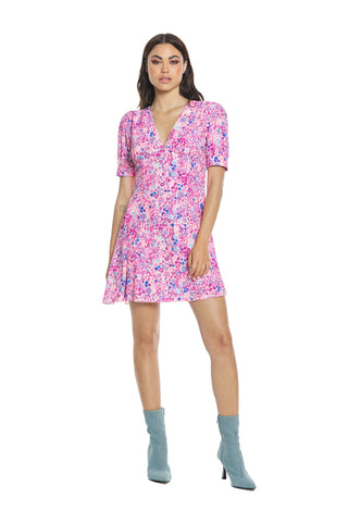 WASEM short half-sleeved balloon v-neck dress with flower pattern cut