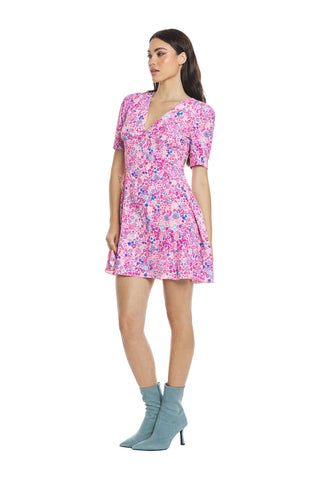 WASEM short half-sleeved balloon v-neck dress with flower pattern cut