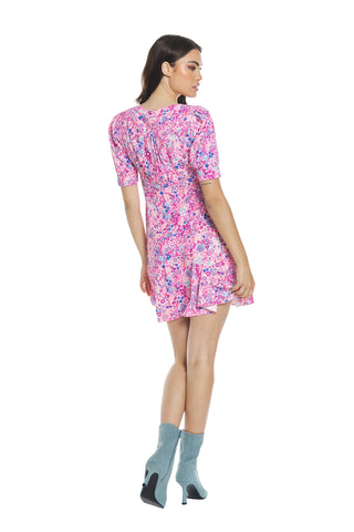 WASEM short half-sleeved balloon v-neck dress with flower pattern cut