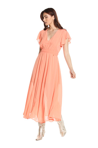CONNOR long half-sleeved dress with deep V-neck ruffles with smock and slit 