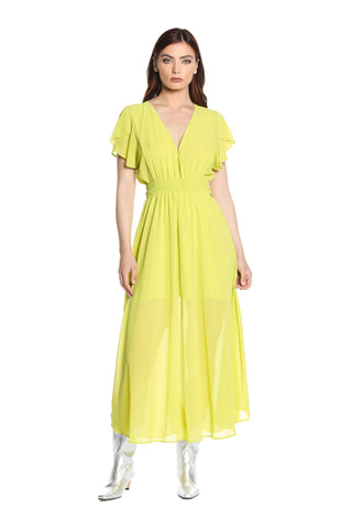 CONNOR long half-sleeved dress with deep V-neck ruffles with smock and slit 
