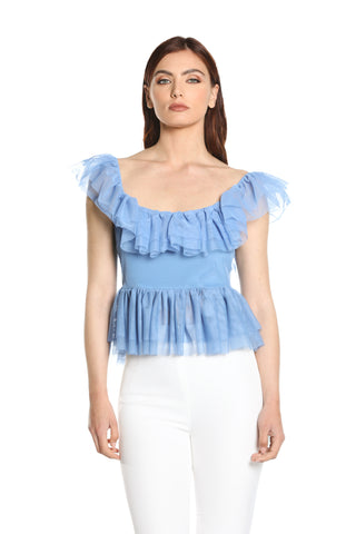 ROSE short half sleeve ruched top with tulle flounces 