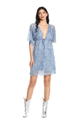 DENWER short dress M.3/4 kimono deep neckline with lace strap 
