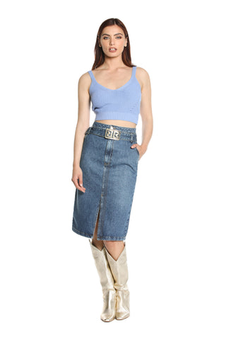 ALTIRESA high cut midi skirt with double strap plus vents and denim logo belt 