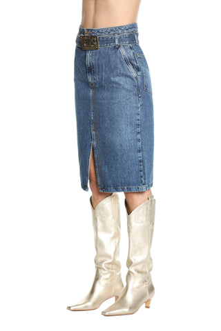 ALTIRESA high cut midi skirt with double strap plus vents and denim logo belt 