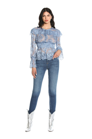 RAFFIS collarless long sleeve shirt with drawstring plus p. lace smock 